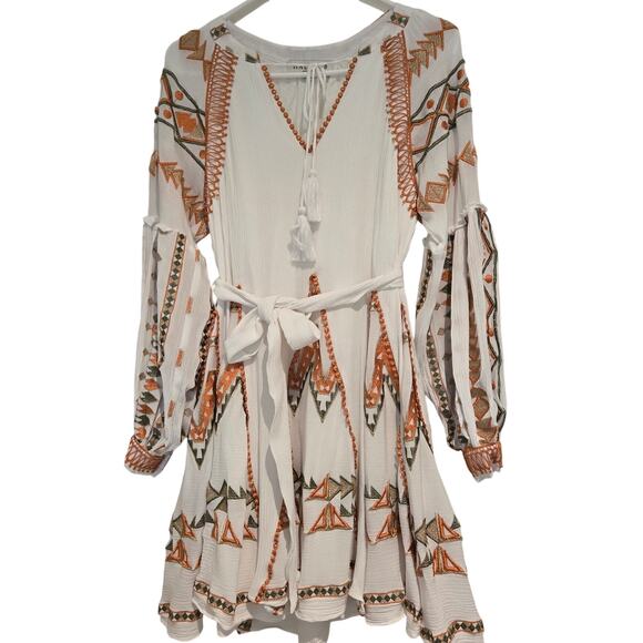 Hale Bob Ravin Embroidered Balloon Sleeve Aztez Tribal Print Mini Dress, Sz S - Picture 3 of 13